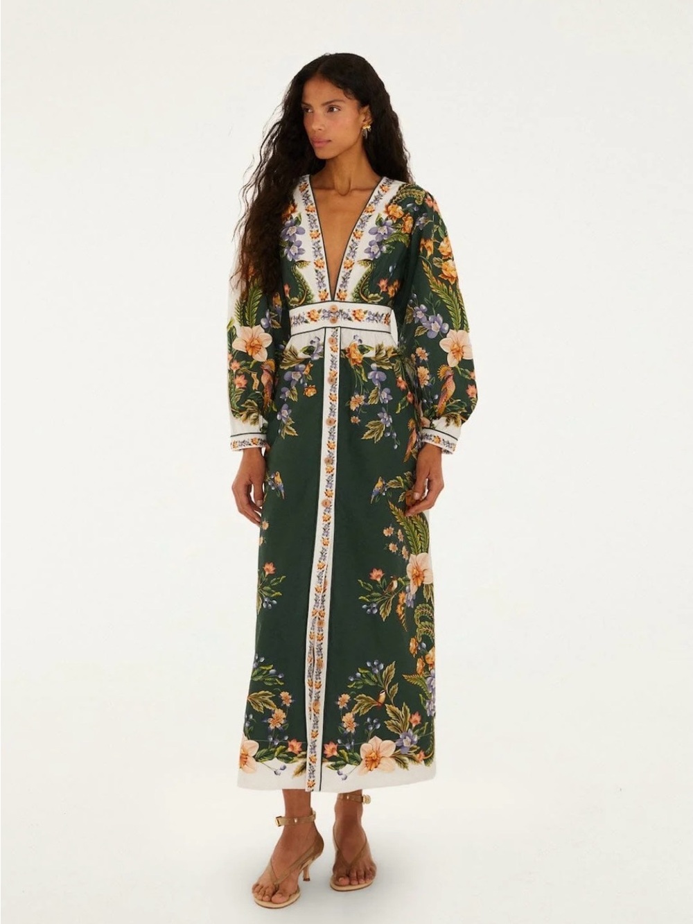 FARM Rio Green Floral Deep V Maxi Dress with Cream Trim